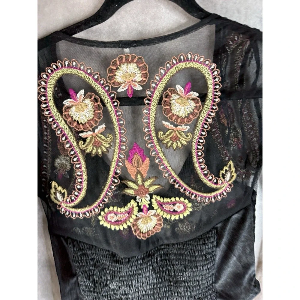 Free People Velvet Florence Embroidered Mesh Long Sleeve Top In Black Size S
